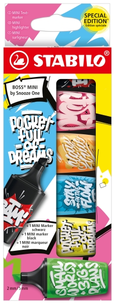 5 surligneurs STABILO BOSS MINI by Snooze One + 1 mini marqueur noir
