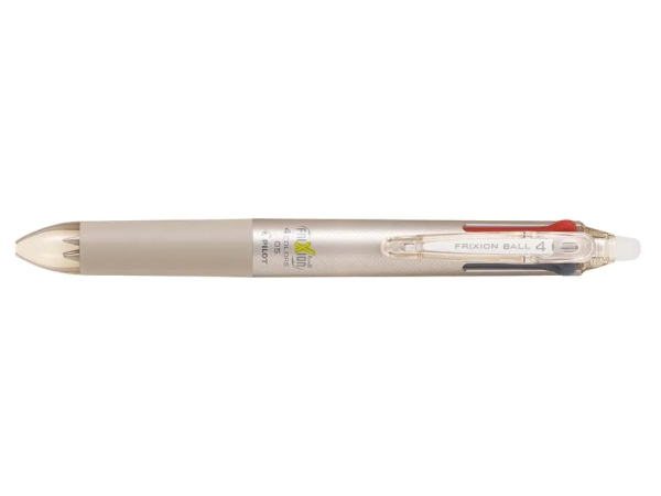 PILOT Stylo Roller FriXion Ball 4 Couleurs (noir, bleu, rouge, vert) - Roller encre gel - Pointe Fine 0,5mm- Corps Champagne